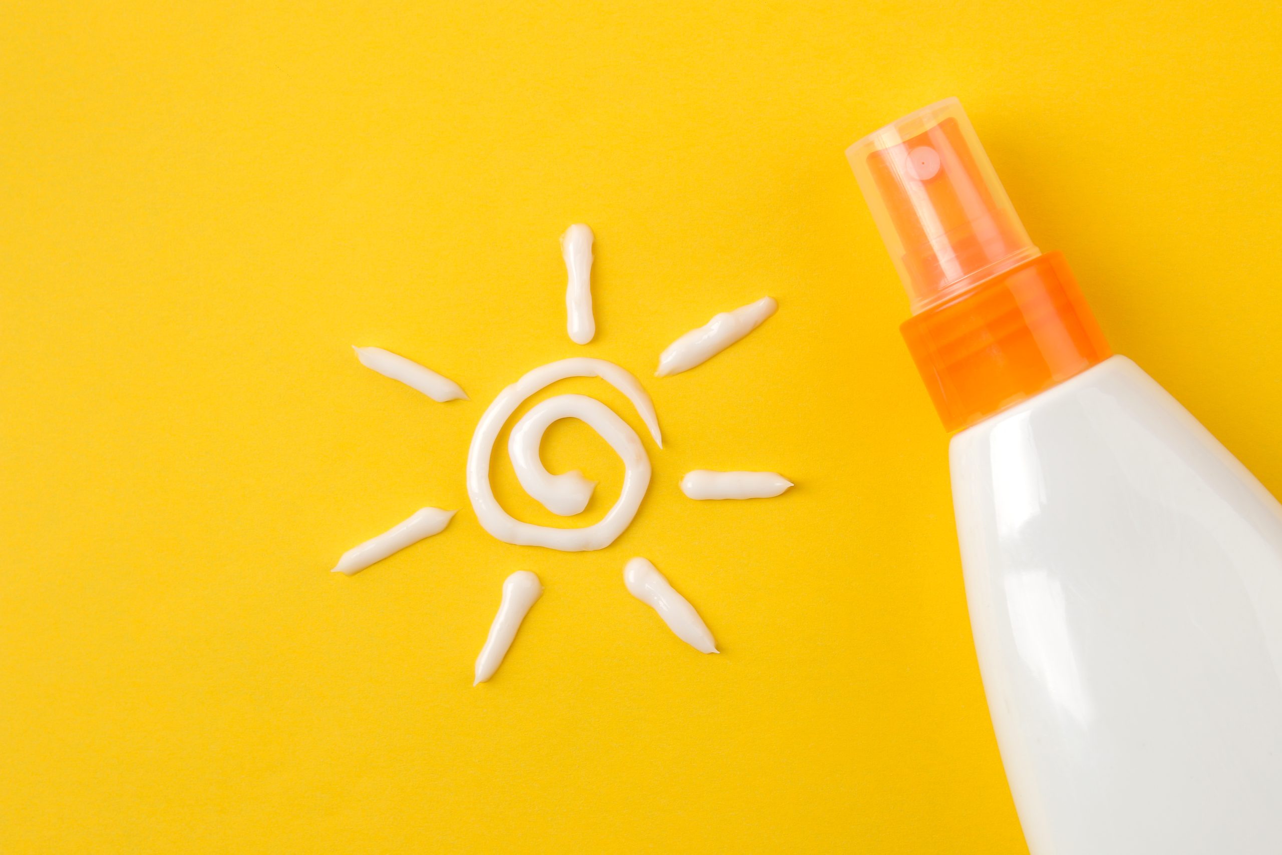 sunscreen remedy. various sunscreens and sun cream on a bright yellow background. Sun protection. Ultraviolet protection. Summer. top view.